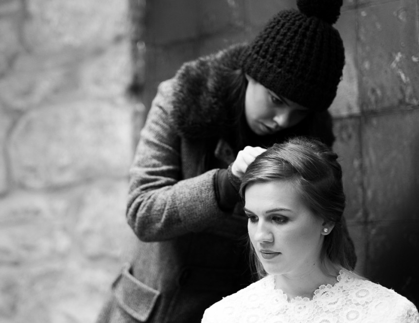 Winter wedding photography hair styling